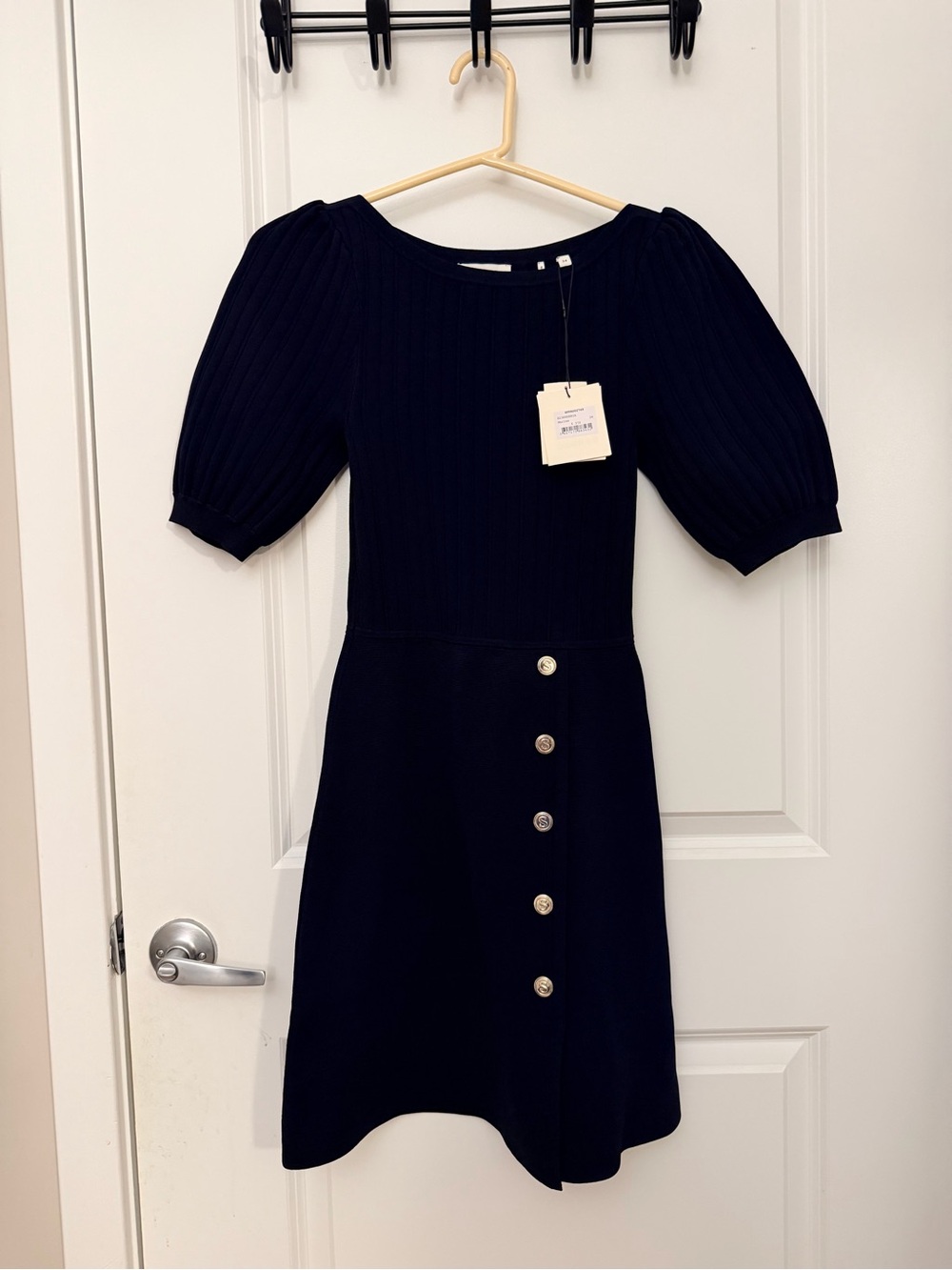 Sandro Navy Knit Puff Sleeve Dress Size 34 NWT